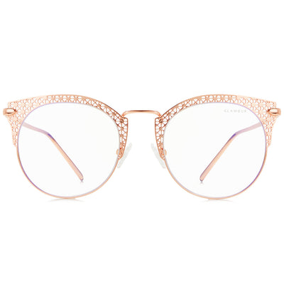Coco by Glamour Glasses featuring metal flower patter in rose-gold - front shot