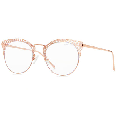 Coco by Glamour Glasses featuring metal flower patter in rose-gold - 45 degree front shot
