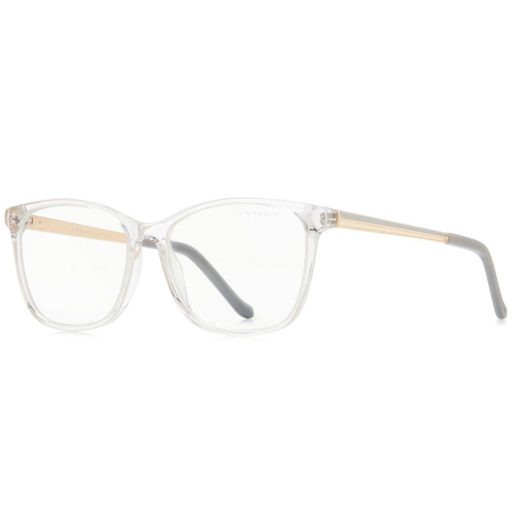 Crystal Clear by Glamour Glasses featuring a transparent frame, gold & silver two tone temples - front 45 degree shot