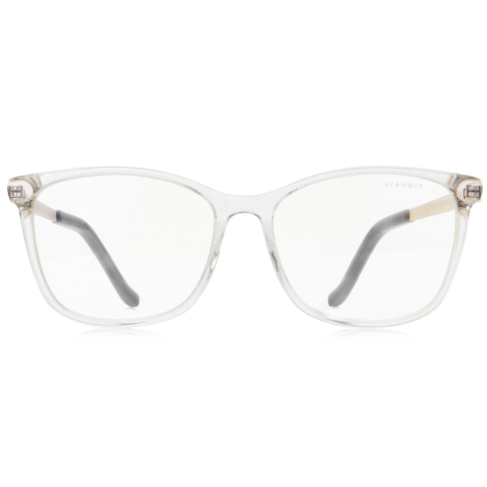 Crystal Clear by Glamour Glasses featuring a transparent frame, gold & silver two tone temples - front shot