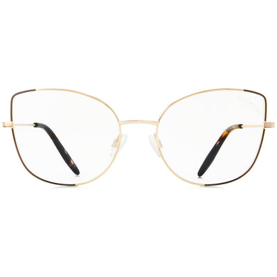 Foxy by Glamour Glasses featuring a oversized cat-eye frame in a delicate gold and brown - front shot
