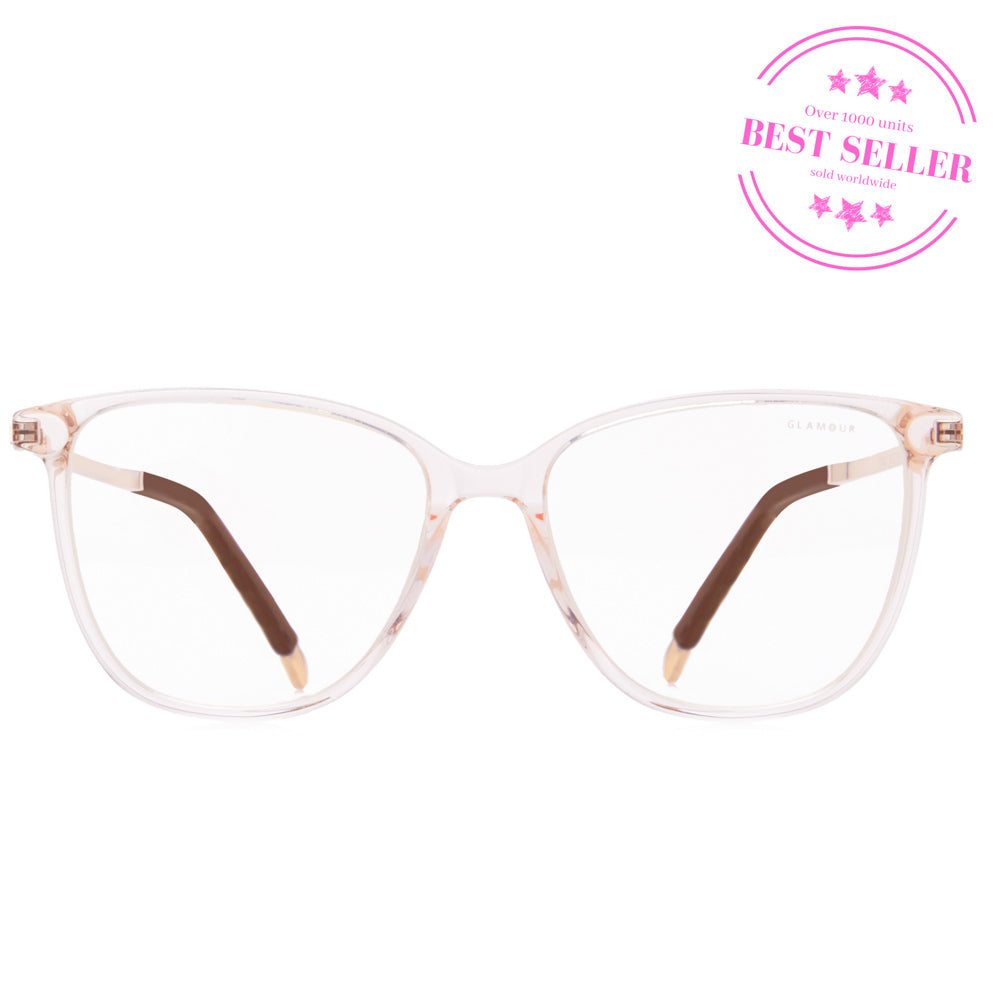Pink Ice by Glamour Glasses featuring a transparent light pink acetate frame and golden temples - front shot