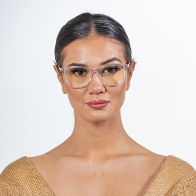 @gaellcameron wearing Crystal Clear by Glamour Glasses featuring a transparent frame, gold & silver two tone temples
