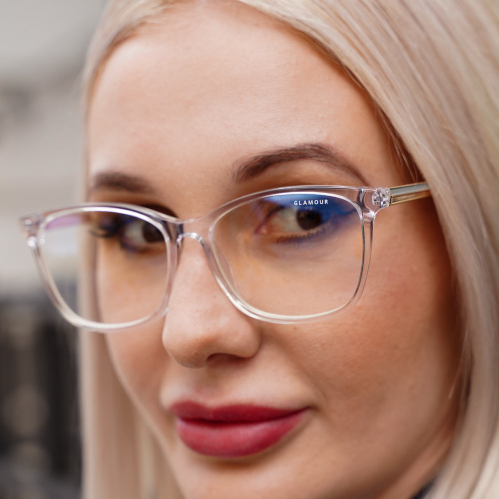 @jasmine.pring wearing Crystal Clear by Glamour Glasses featuring a transparent frame, gold & silver two tone temples - 2