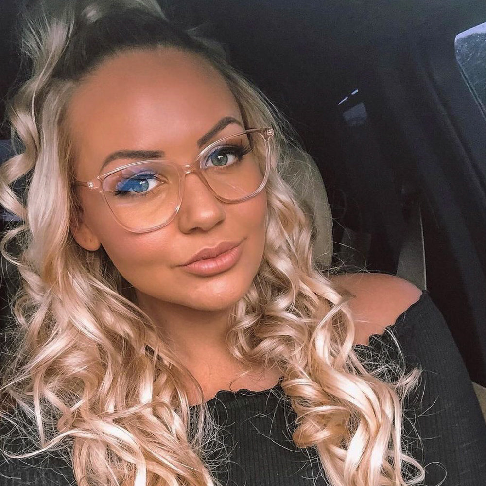 @rhiannan94 wearing Pink Ice by Glamour Glasses featuring a transparent light pink acetate frame and golden temples