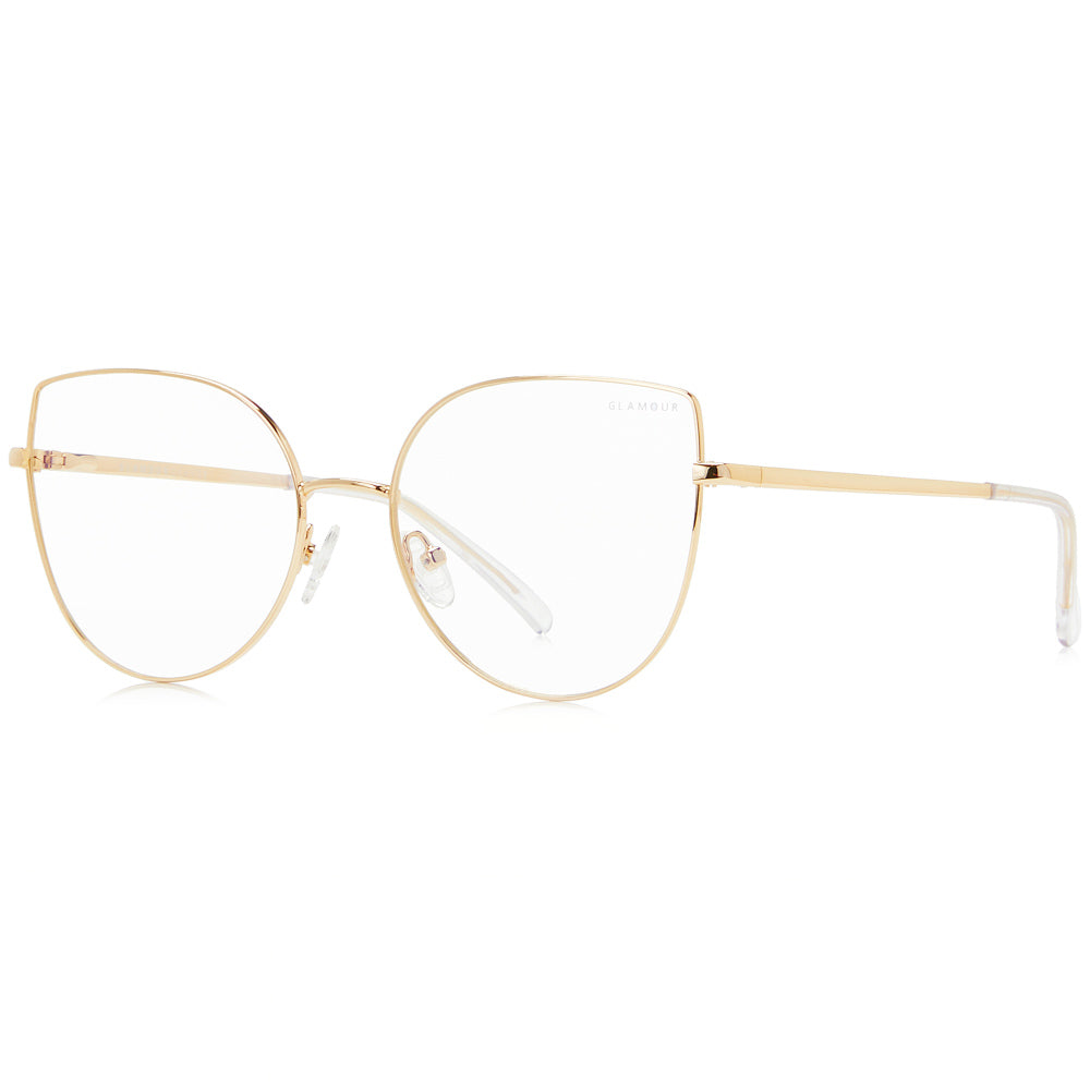 Lexi by Glamour Glasses featuring a thin golden cat eye frame - 45 degree front shot