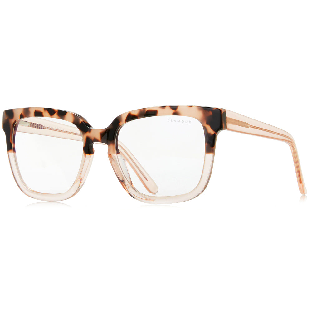 wearing Varli by Glamour Glasses featuring an oversized leopard print and champagne-rose frame - 45 degree front shot.
